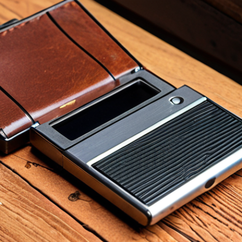**Secure Digital Asset Storage:** A close-up of a hardware wallet (like Ledger or Trezor) resting on a wooden surface next to a small, locked safe. Emphasis on security and offline storage.